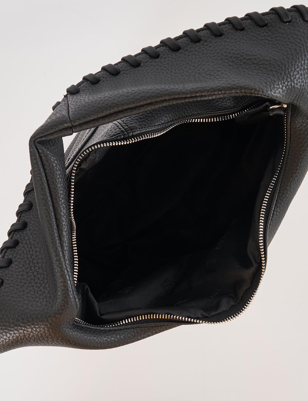 Knitted-Detail Hobo Bag Black