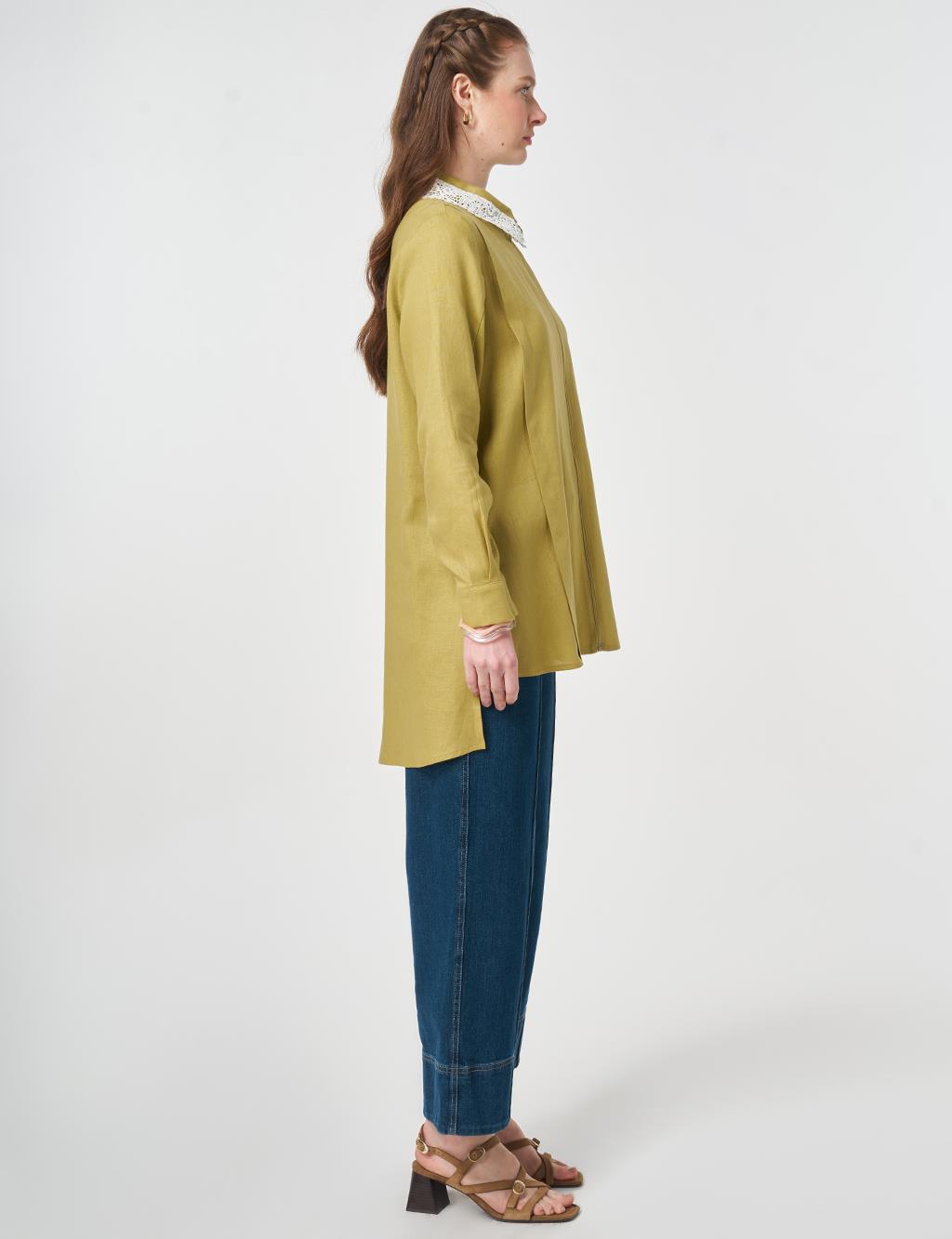 Collar-Detail Linen Lyocell Tunic Olive Green