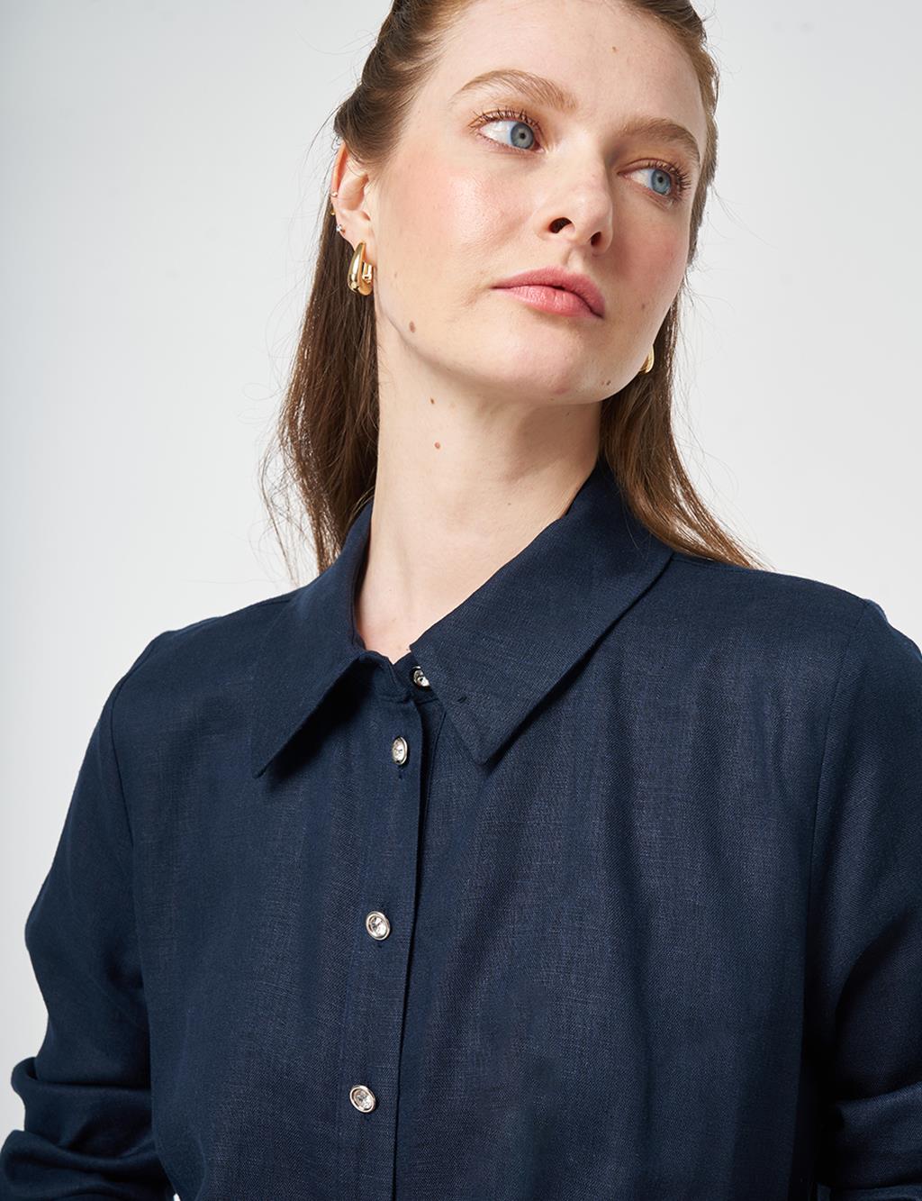 Asymmetrical Cut Linen Lyocell Tunic Dark Navy Blue