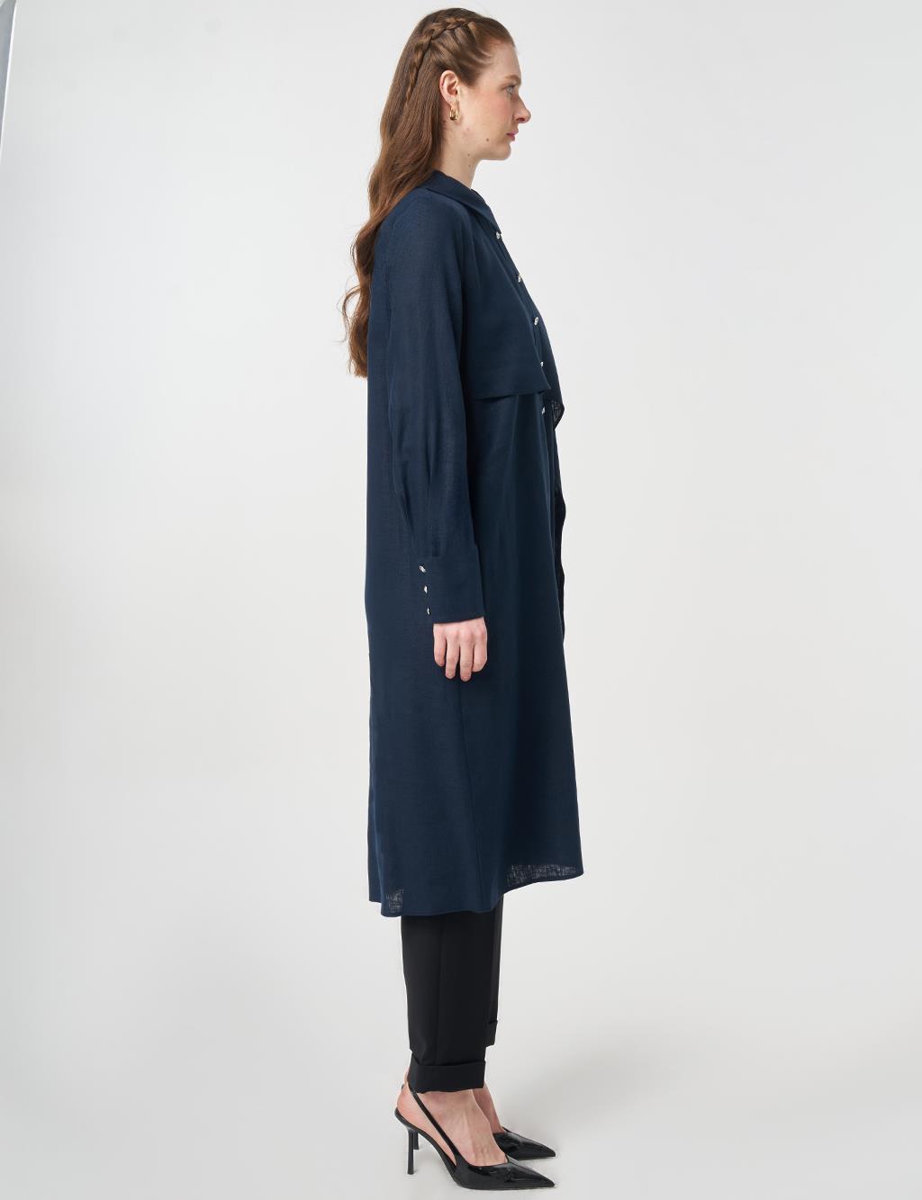 Asymmetrical Cut Linen Lyocell Tunic Dark Navy Blue
