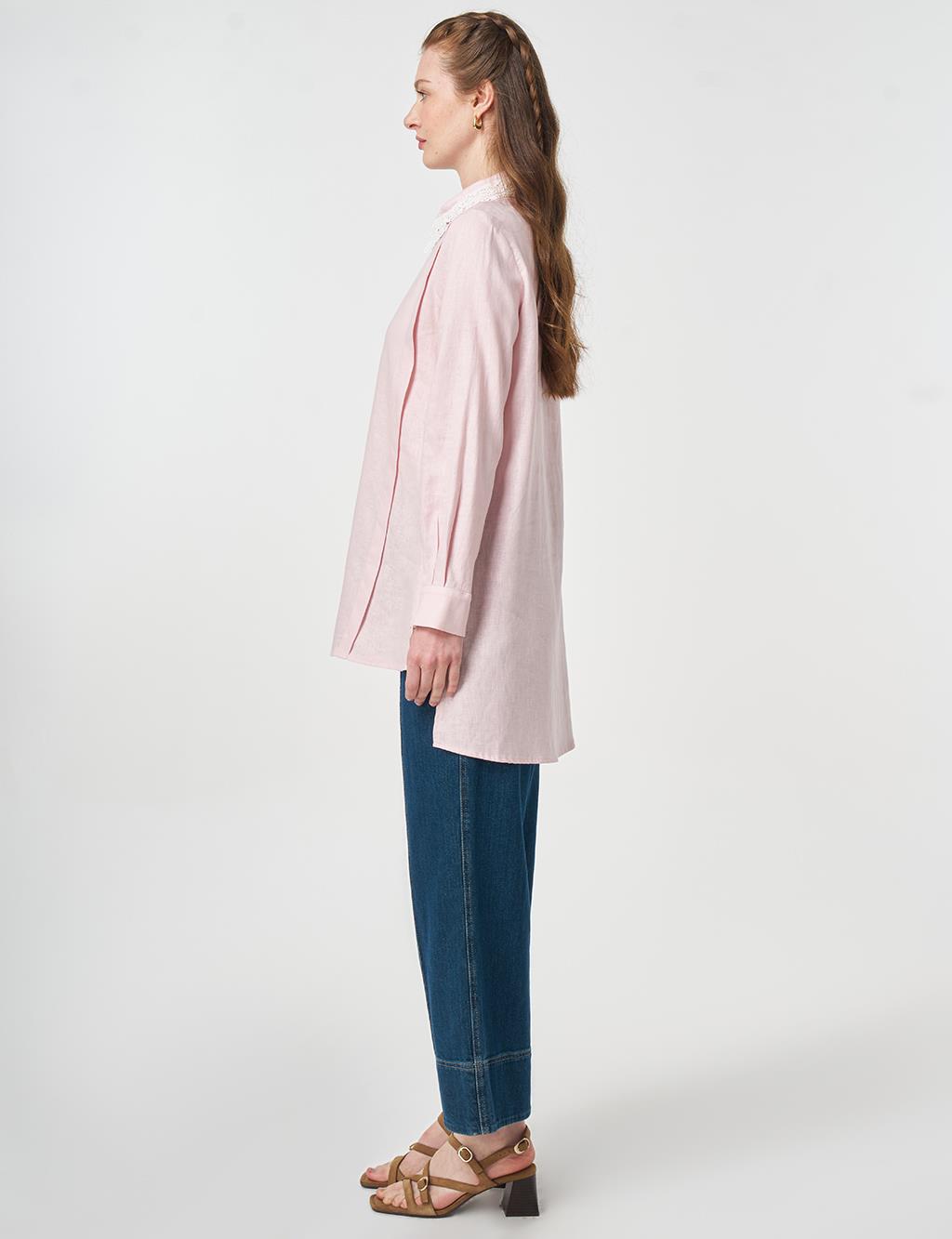 Collar-Detail Linen Lyocell Tunic Powder Pink
