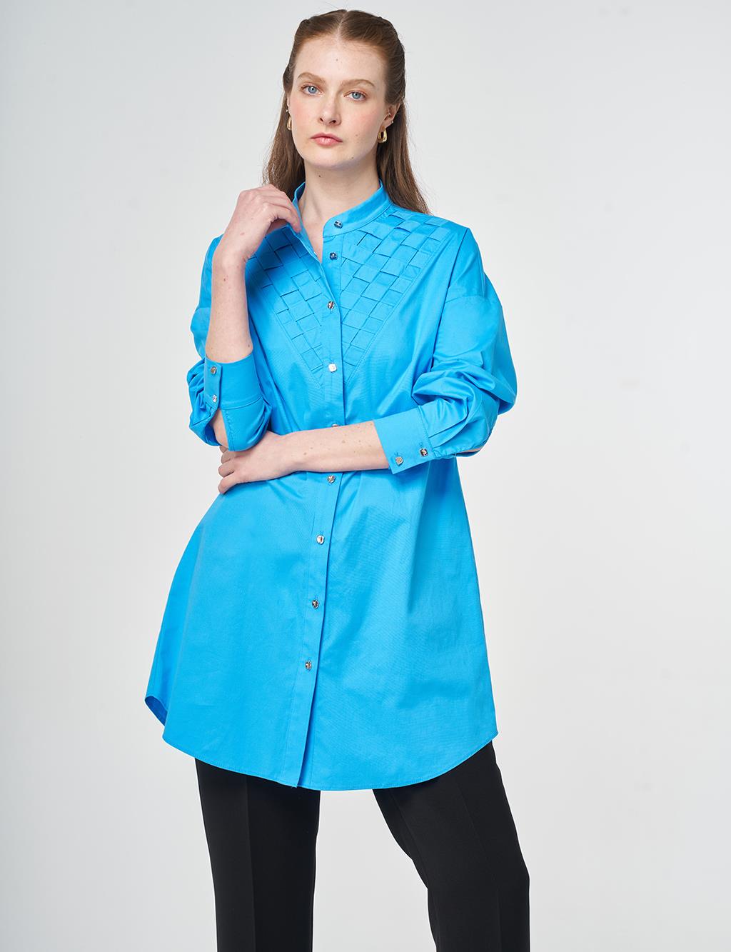 Lattice-Knit Mandarin Collar Cotton Tunic Sky Blue