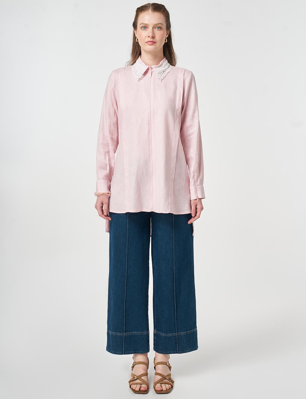 Collar-Detail Linen Lyocell Tunic Powder Pink