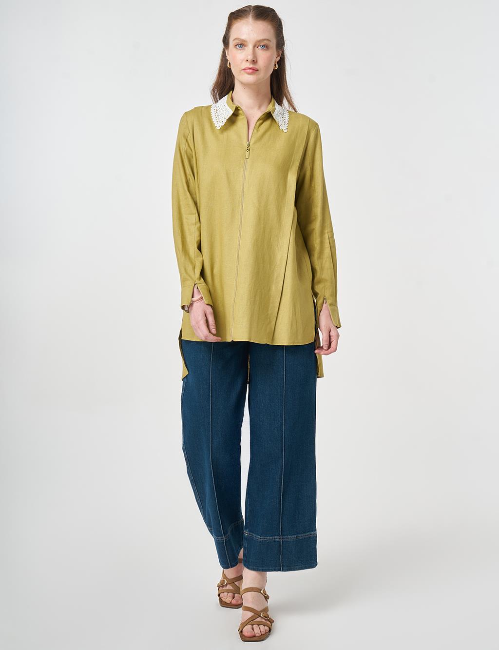 Collar-Detail Linen Lyocell Tunic Olive Green