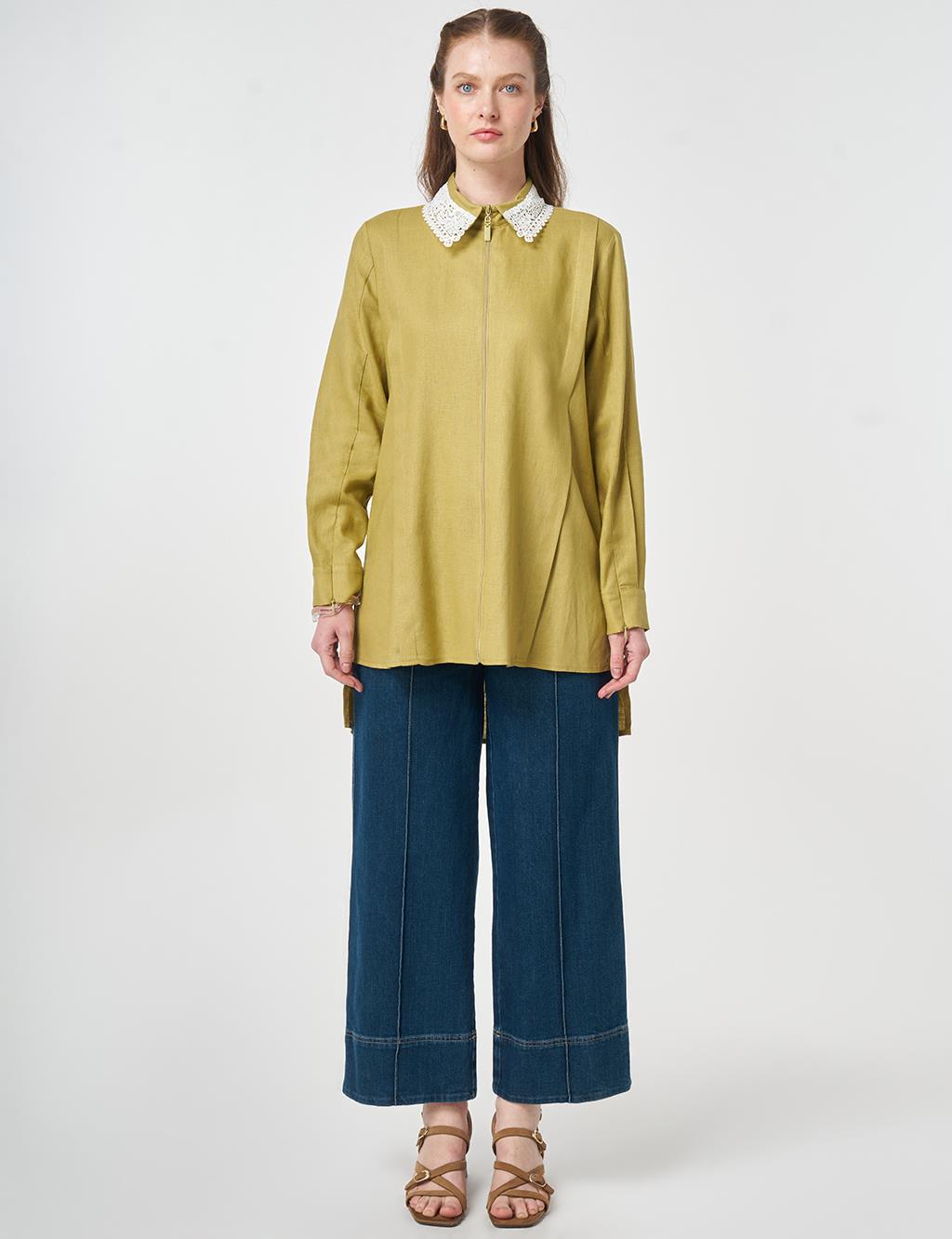 Collar-Detail Linen Lyocell Tunic Olive Green