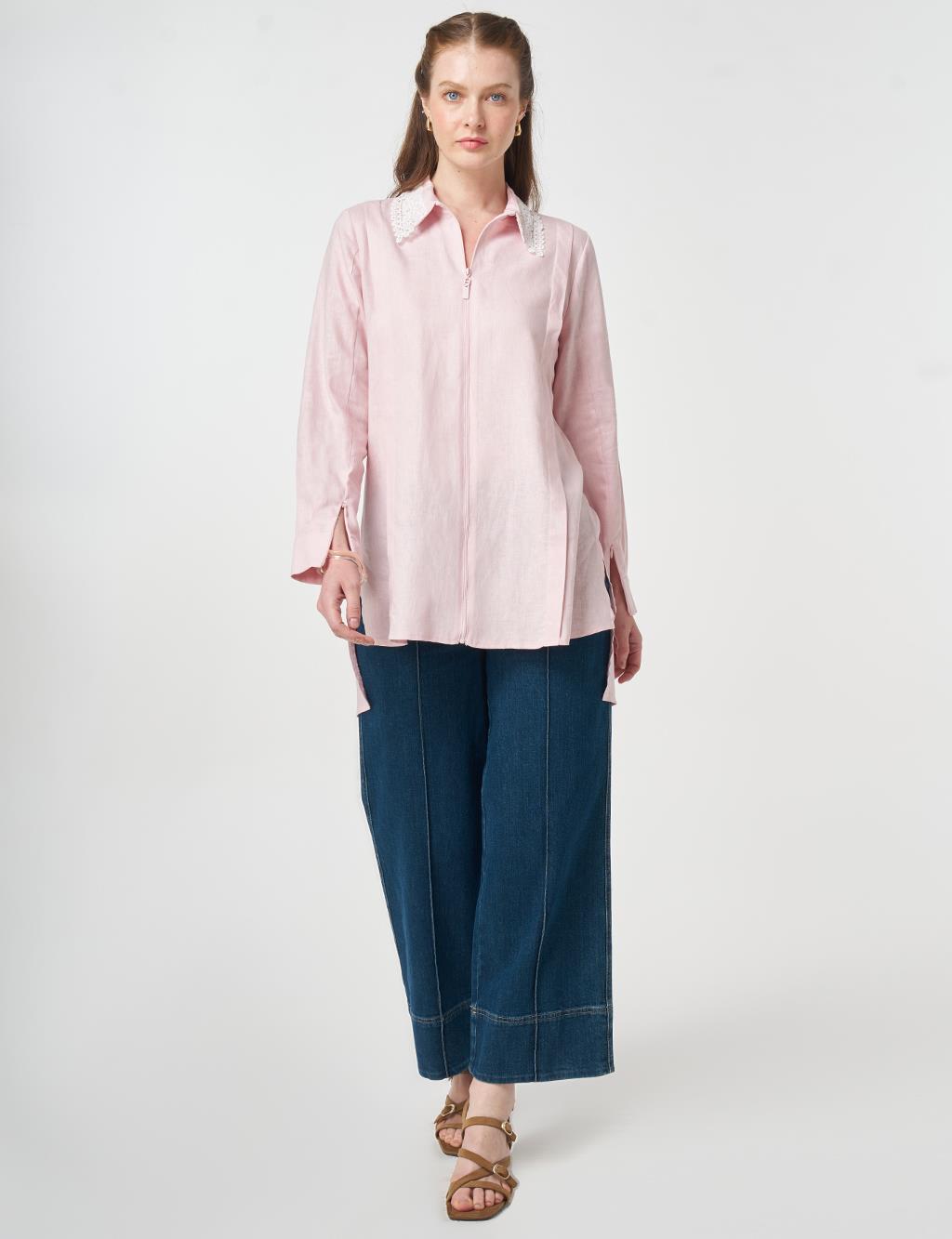 Collar-Detail Linen Lyocell Tunic Powder Pink