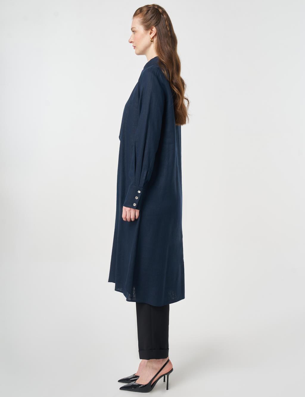Asymmetrical Cut Linen Lyocell Tunic Dark Navy Blue