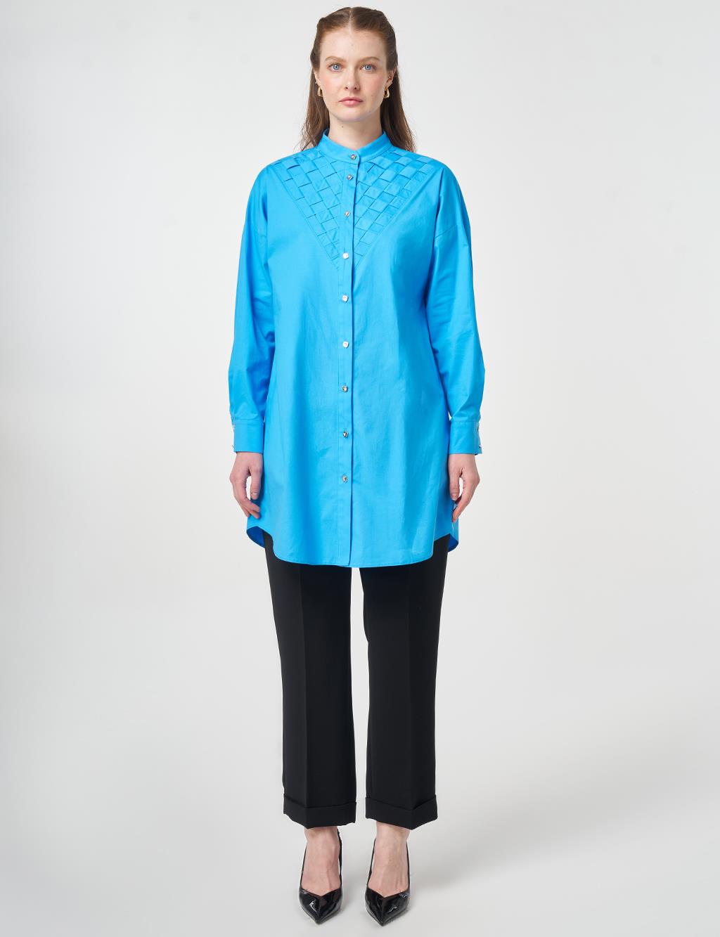 Lattice-Knit Mandarin Collar Cotton Tunic Sky Blue