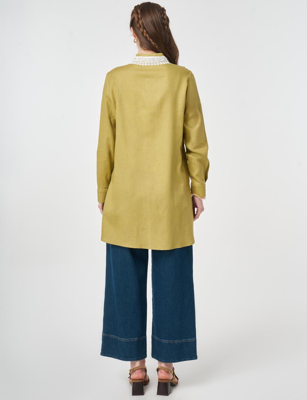 Collar-Detail Linen Lyocell Tunic Olive Green