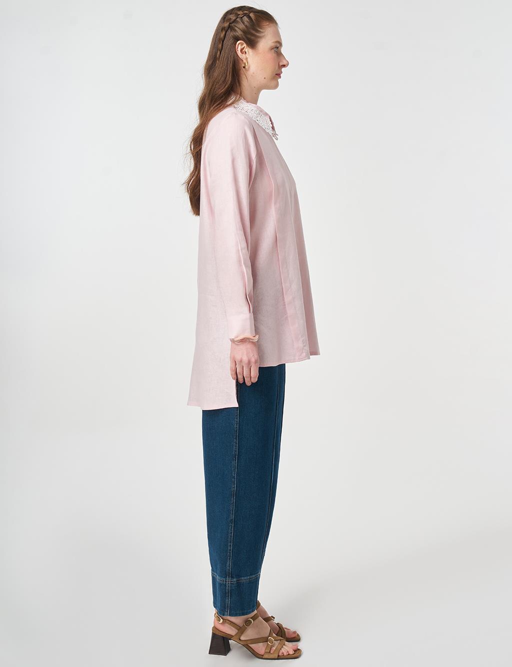 Collar-Detail Linen Lyocell Tunic Powder Pink