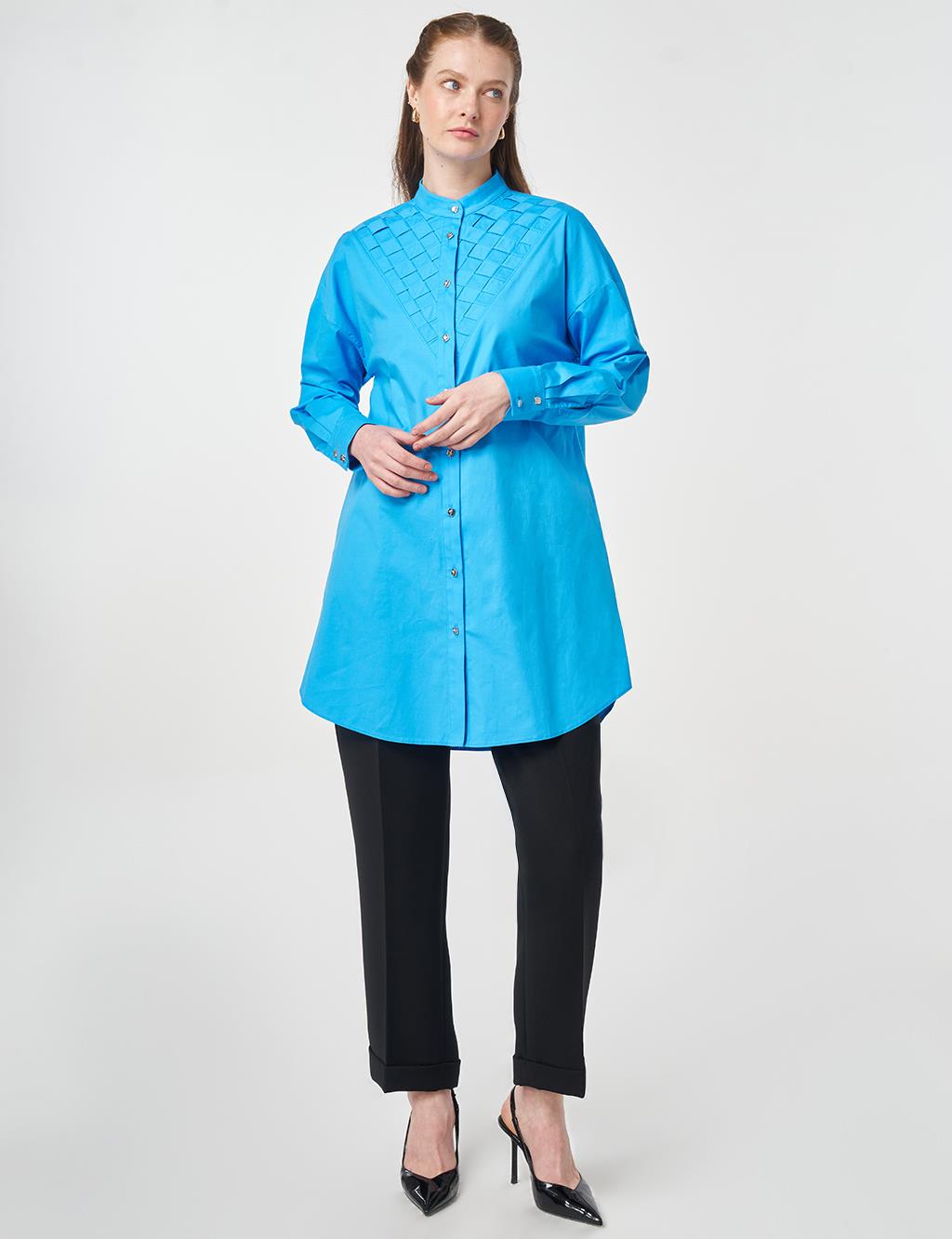 Lattice-Knit Mandarin Collar Cotton Tunic Sky Blue