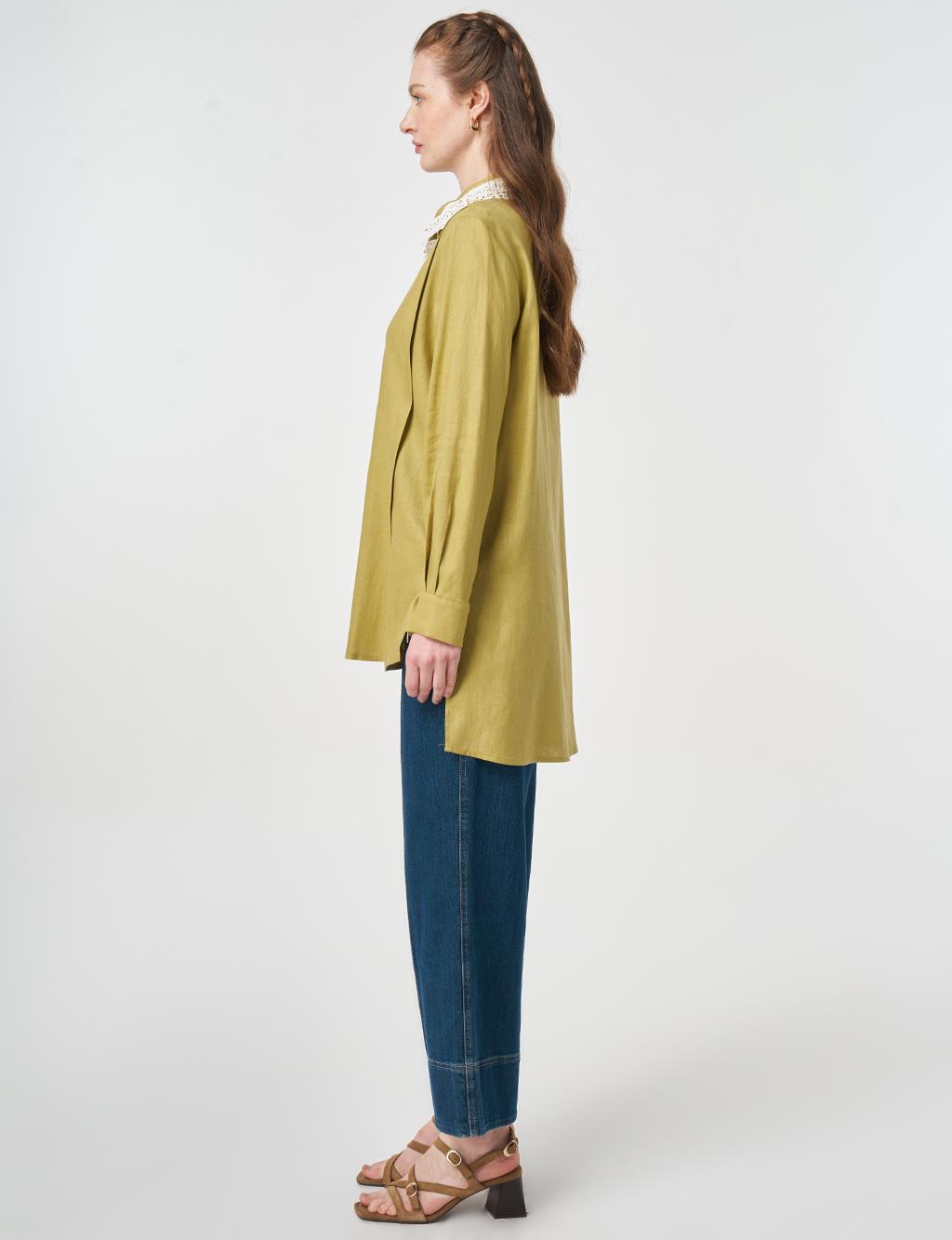 Collar-Detail Linen Lyocell Tunic Olive Green