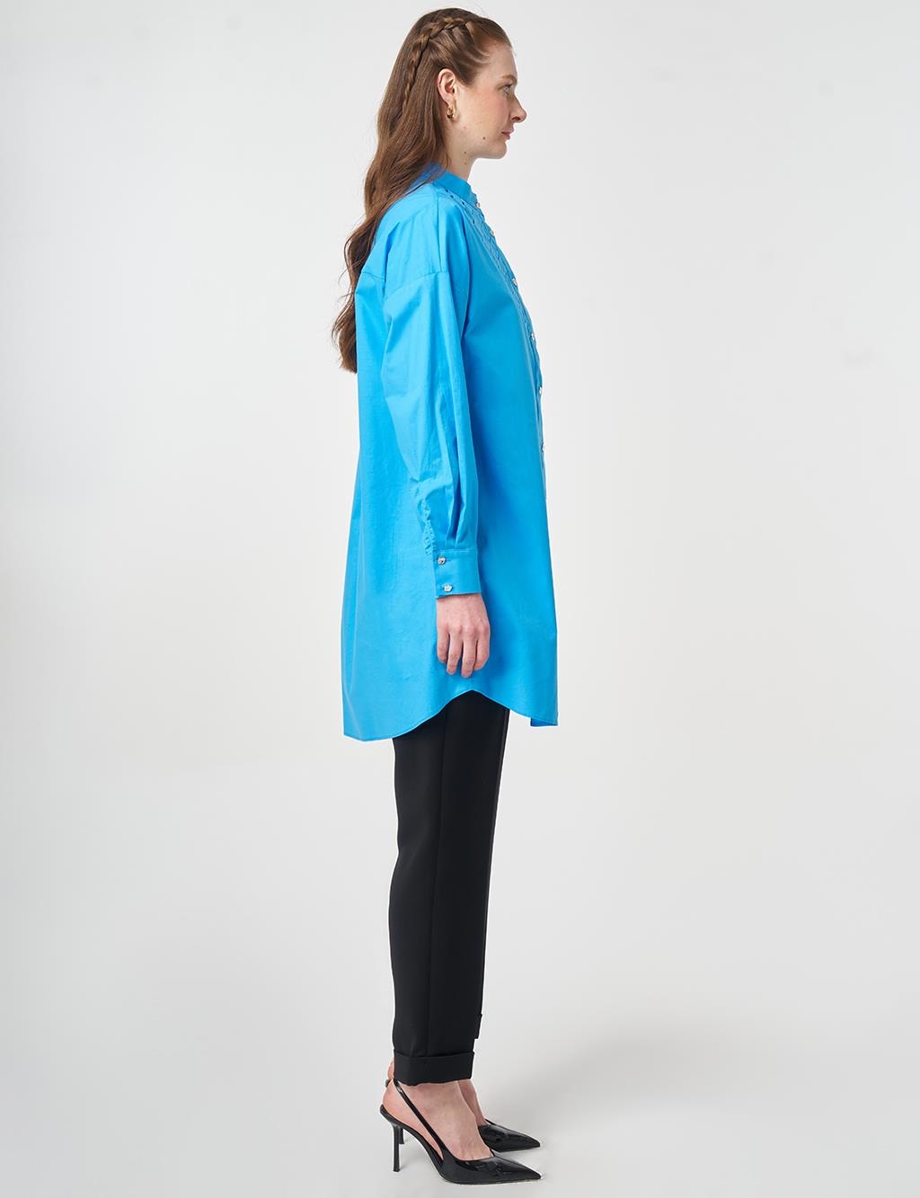 Lattice-Knit Mandarin Collar Cotton Tunic Sky Blue