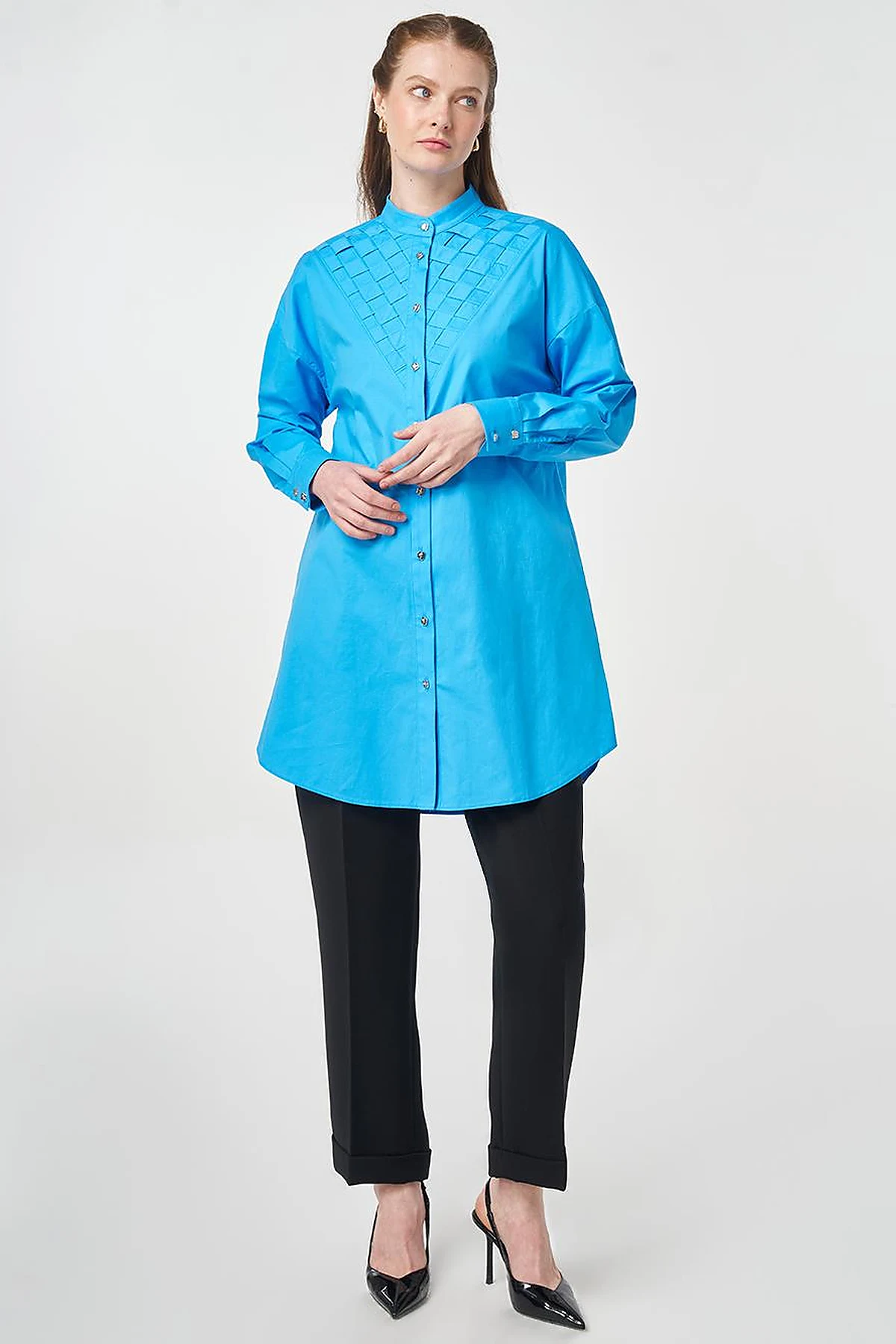 Lattice-Knit Mandarin Collar Cotton Tunic Sky Blue