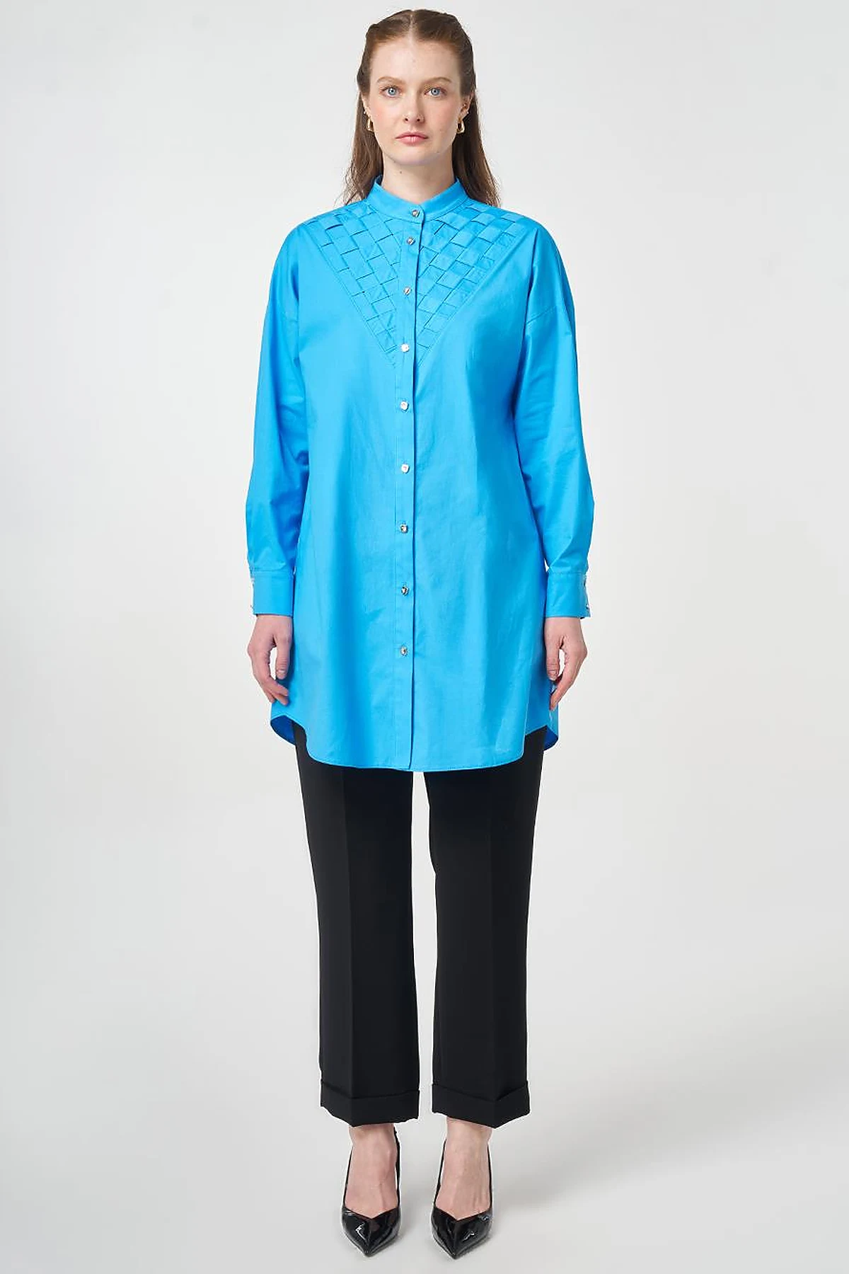 Lattice-Knit Mandarin Collar Cotton Tunic Sky Blue