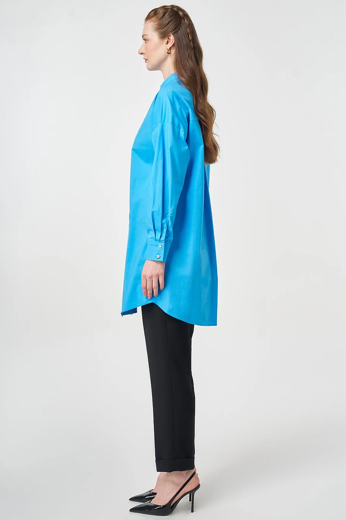 Lattice-Knit Mandarin Collar Cotton Tunic Sky Blue