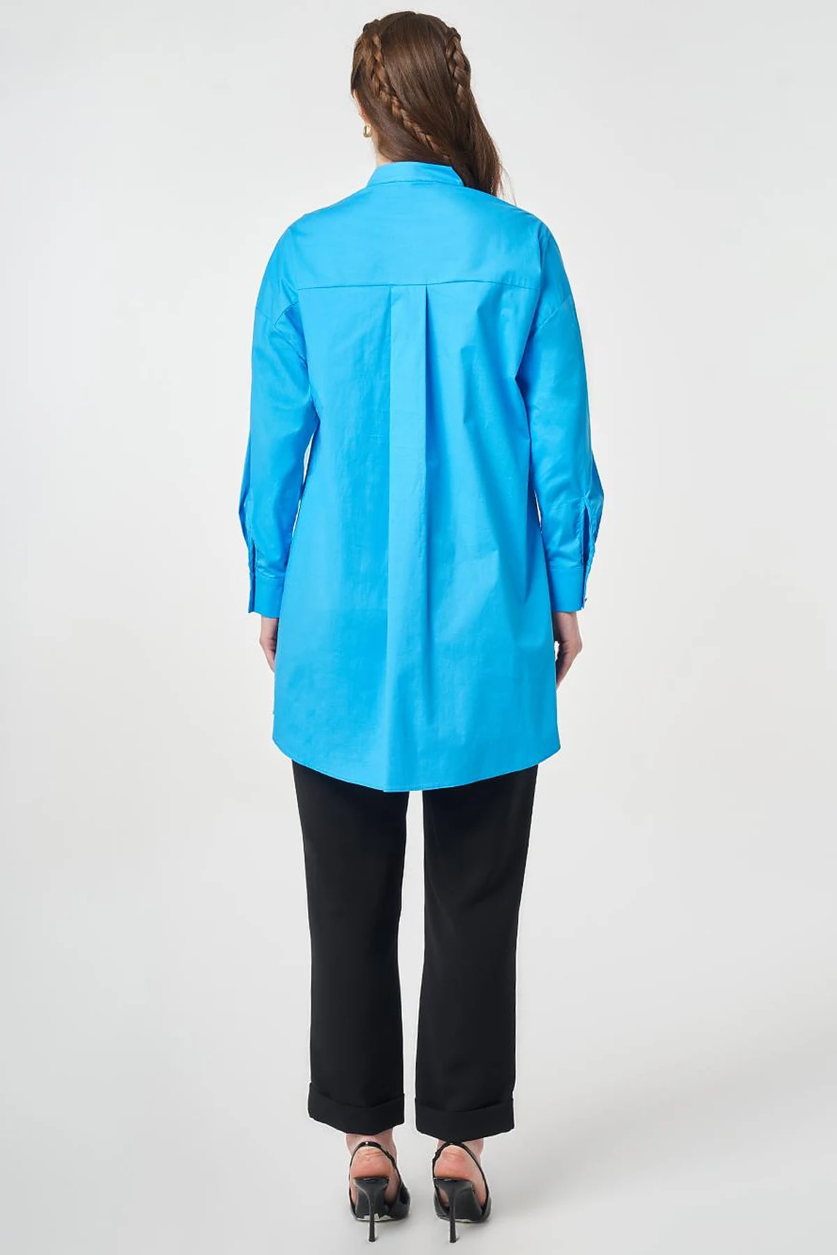 Lattice-Knit Mandarin Collar Cotton Tunic Sky Blue