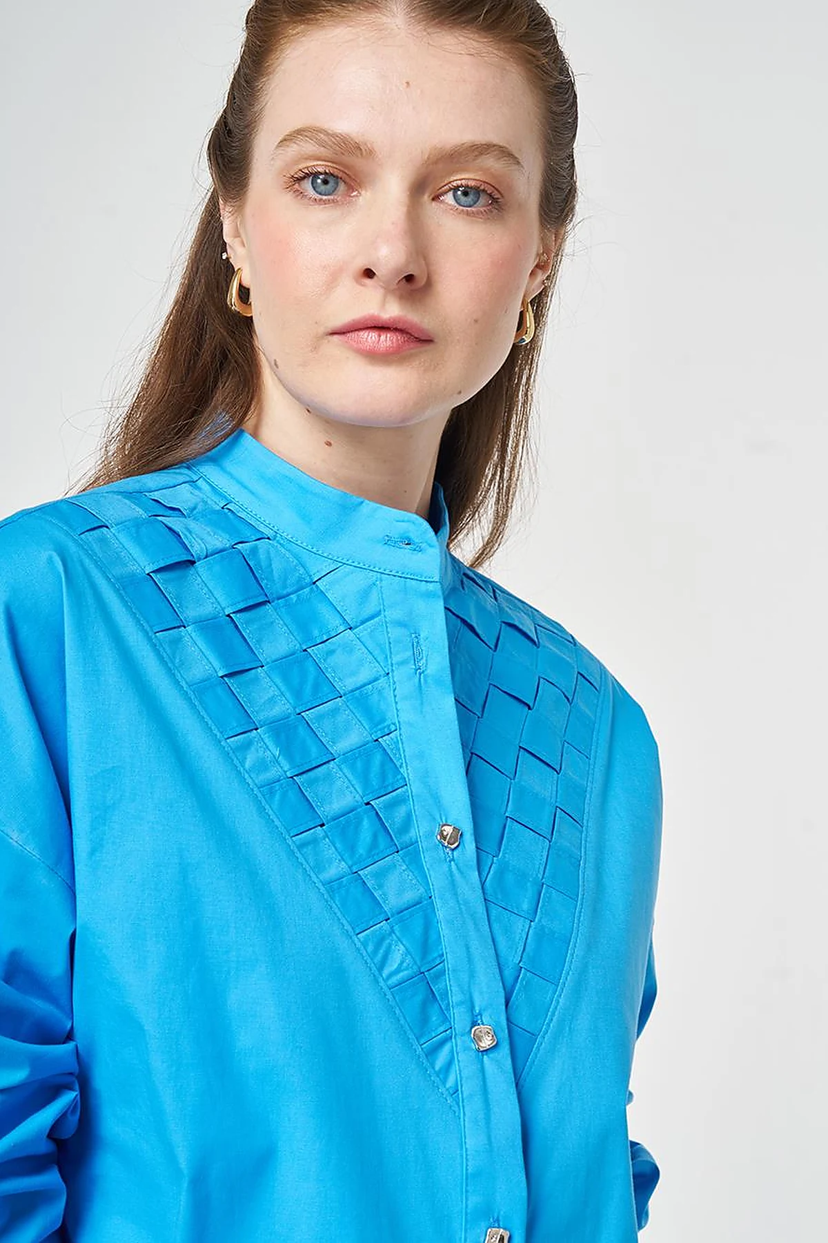 Lattice-Knit Mandarin Collar Cotton Tunic Sky Blue