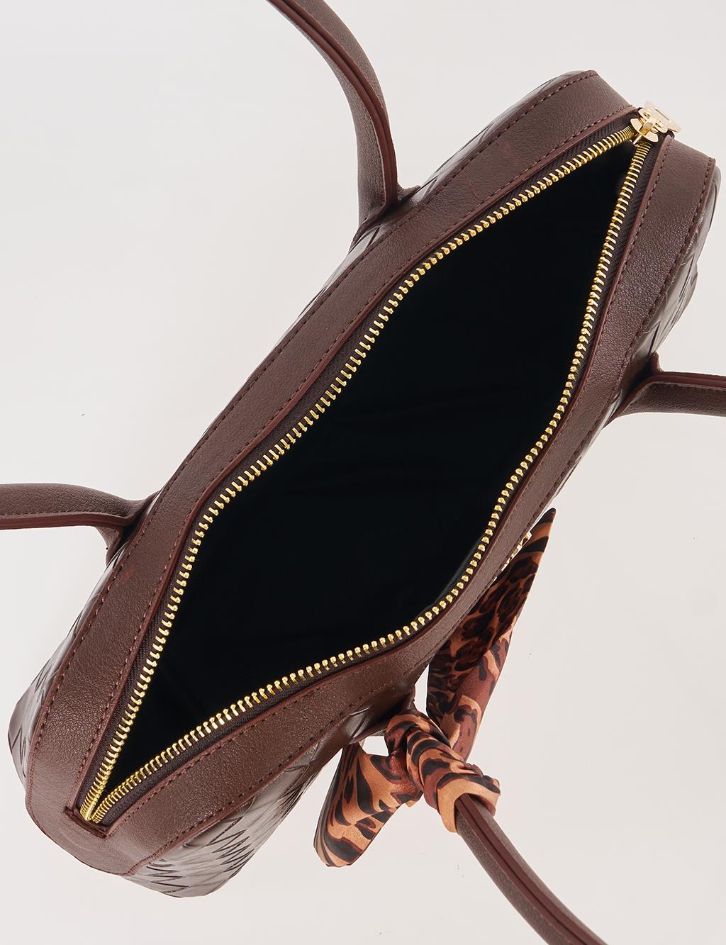 Woven Pattern Baguette Bag Dark Brown