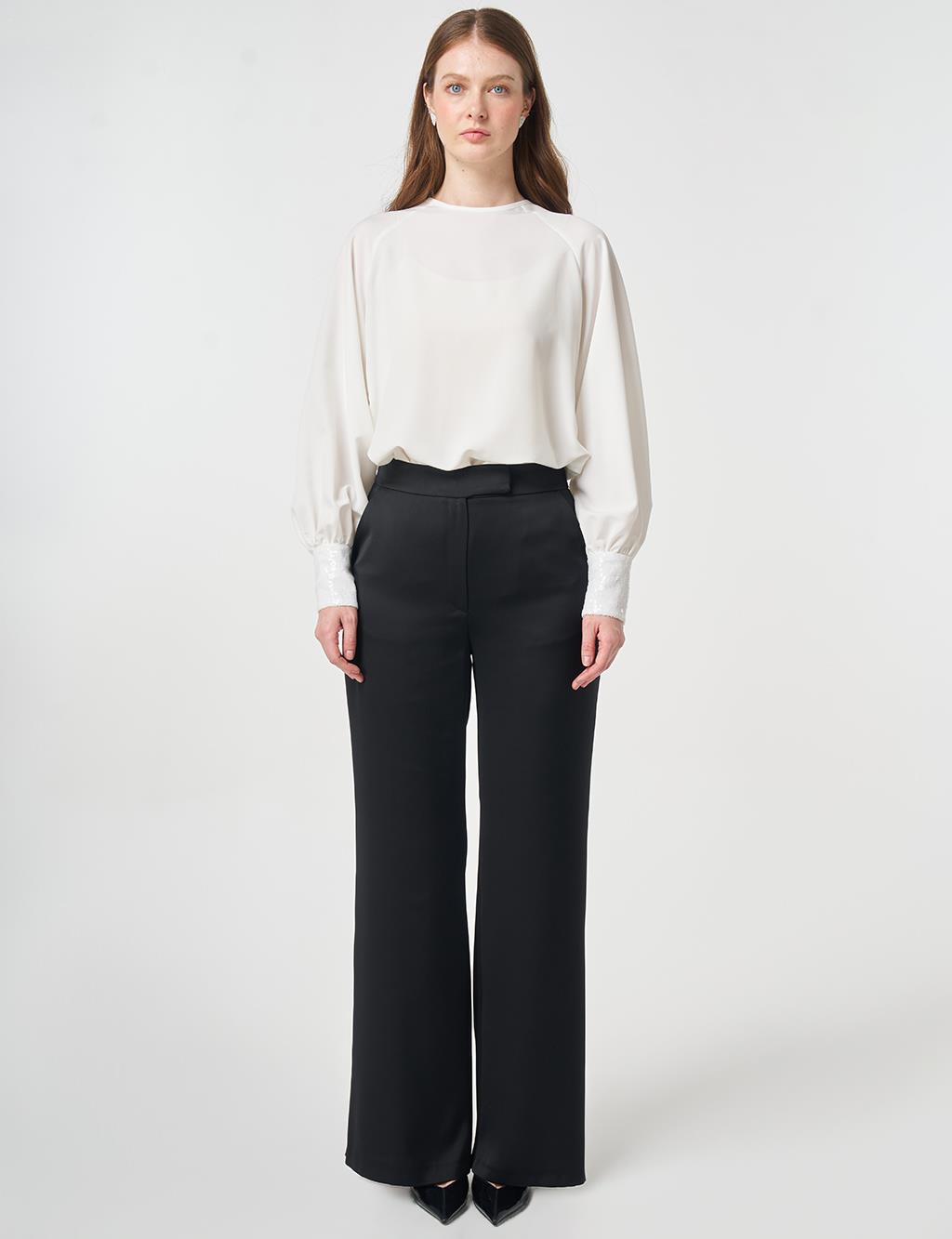 Wide Leg Satin Trousers Black