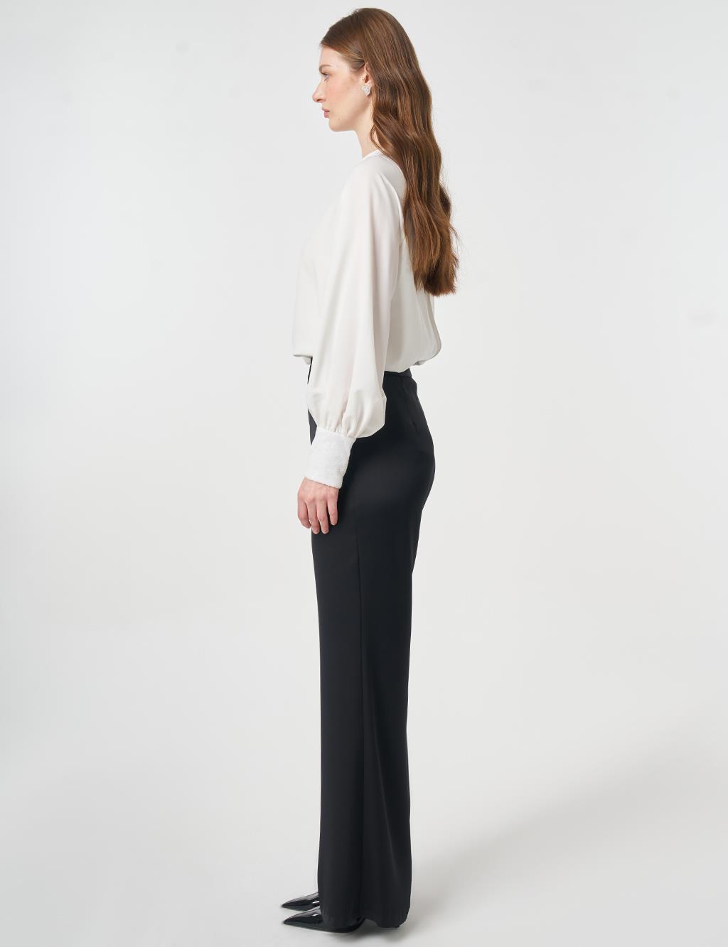 Wide Leg Satin Trousers Black