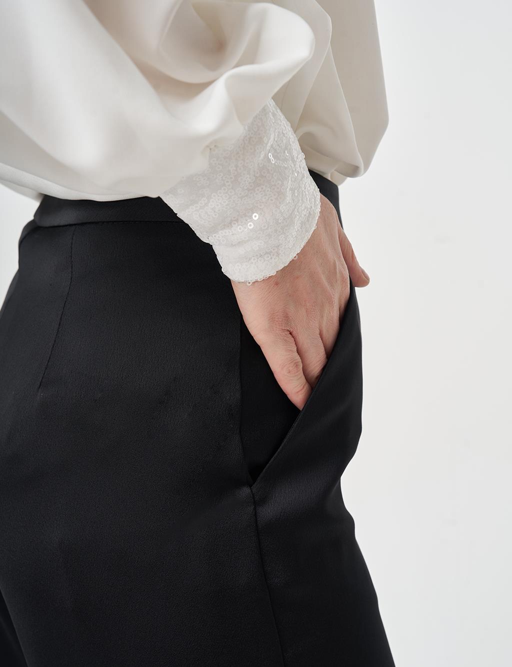 Wide Leg Satin Trousers Black