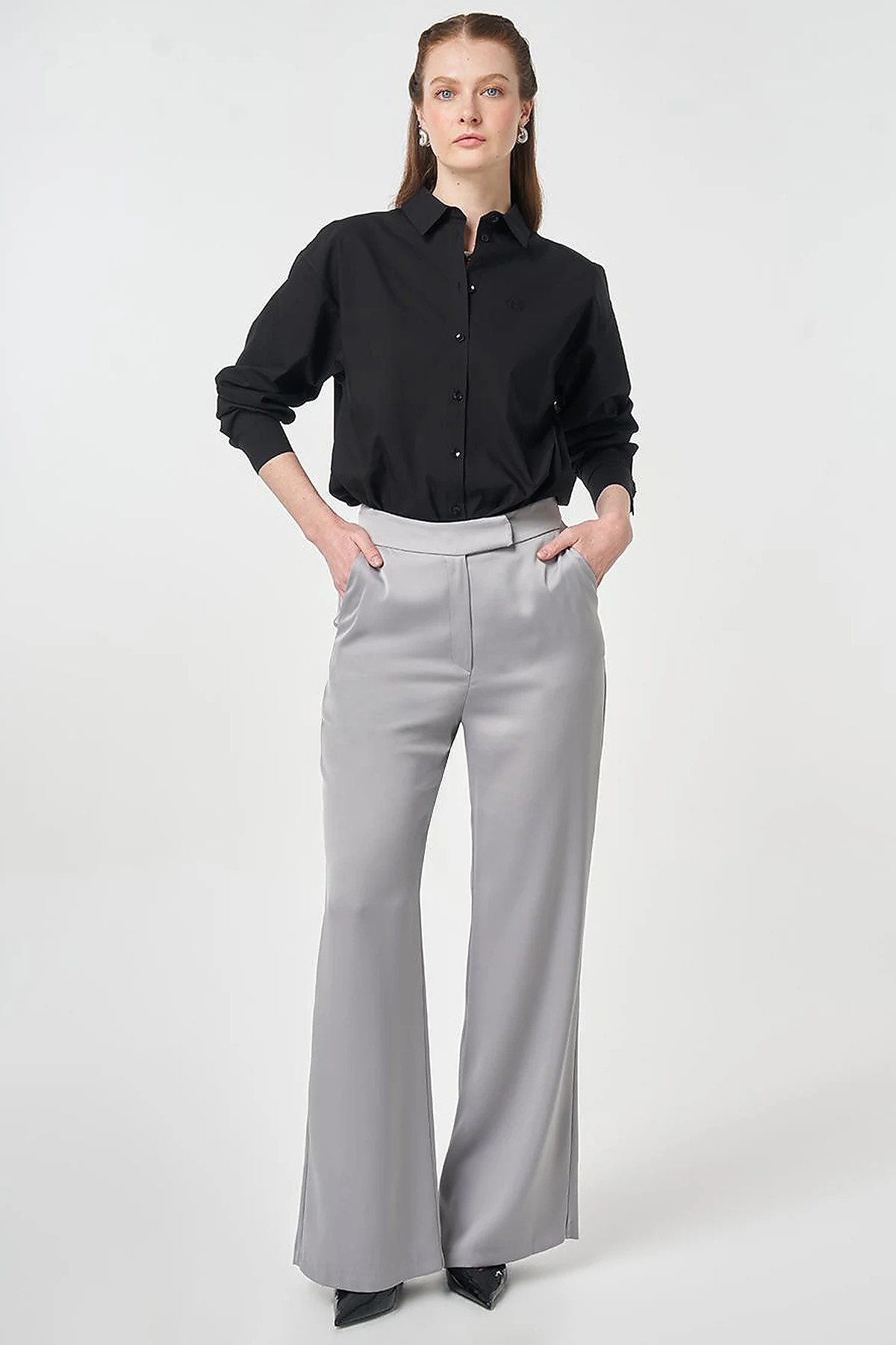 Wide Leg Satin Trousers Gray