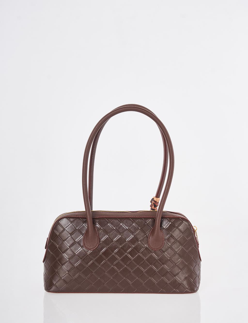 Woven Pattern Baguette Bag Dark Brown