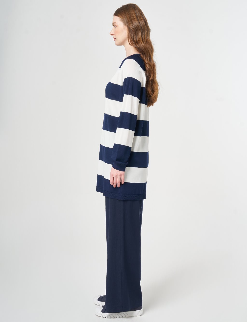 Çizgi Desen Triko Tunik Koyu Lacivert 