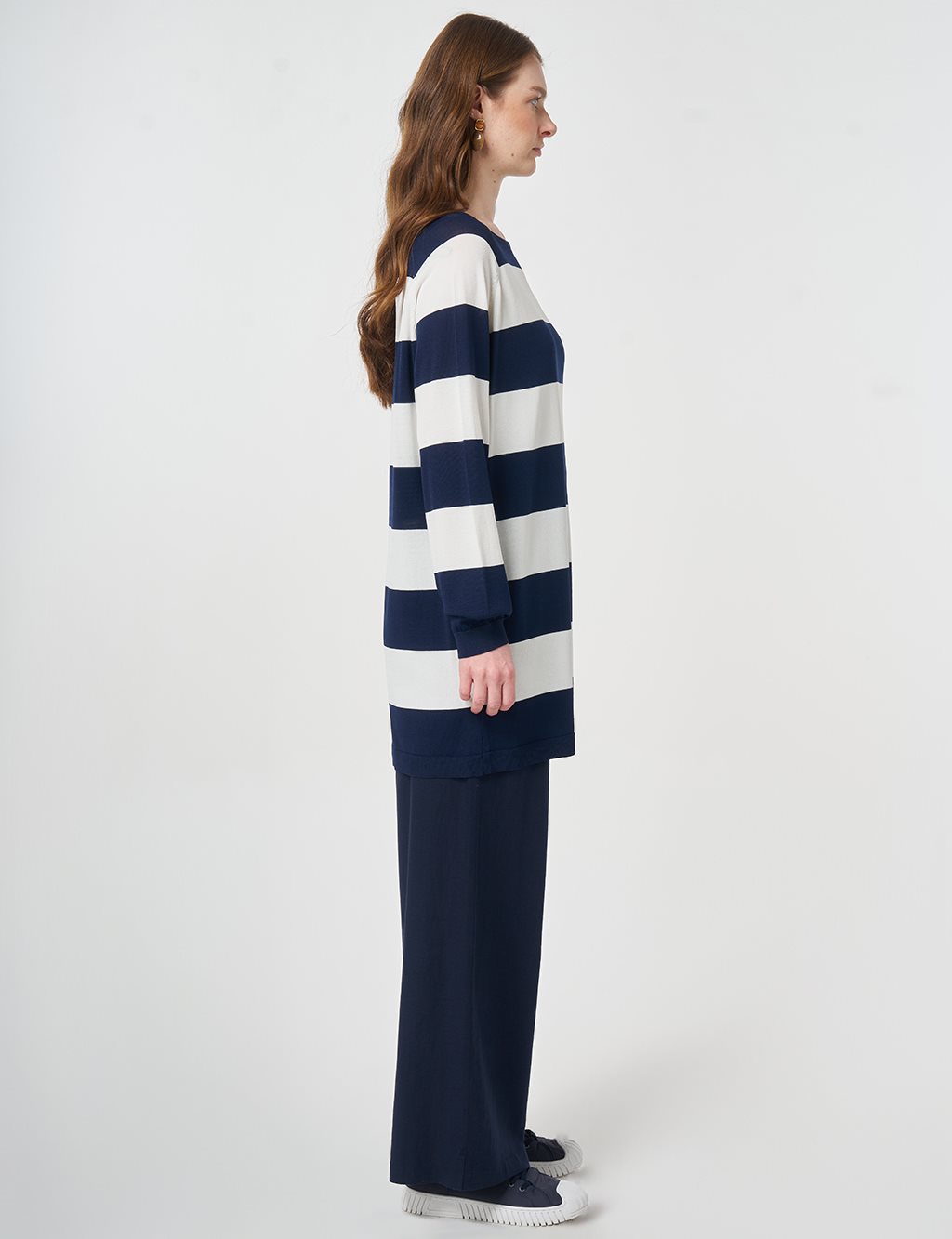 Çizgi Desen Triko Tunik Koyu Lacivert 