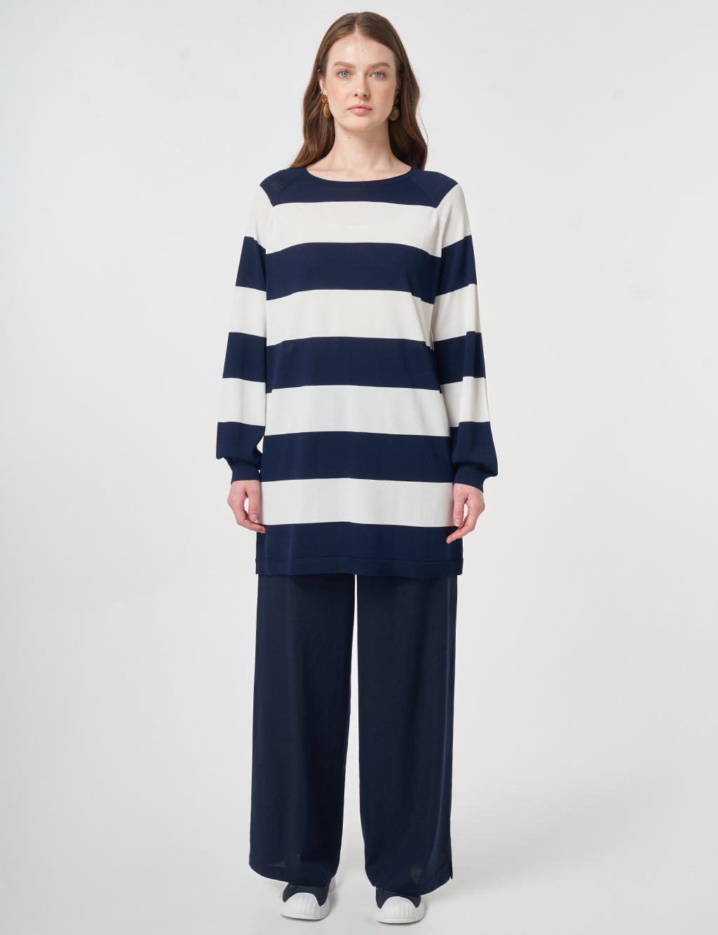 Çizgi Desen Triko Tunik Koyu Lacivert 