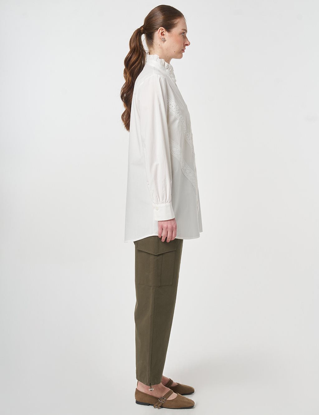 Ruffle Neck Cotton Blouse, Optic White
