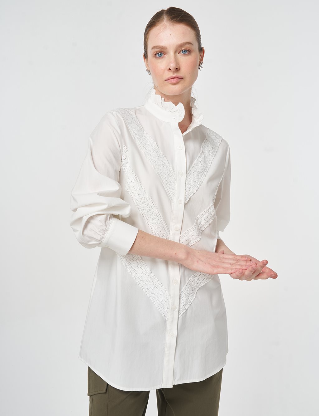 Ruffle Neck Cotton Blouse, Optic White