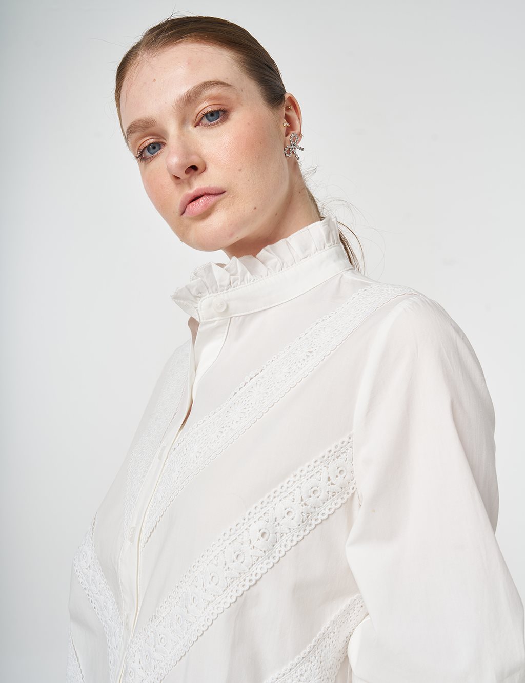 Ruffle Neck Cotton Blouse, Optic White