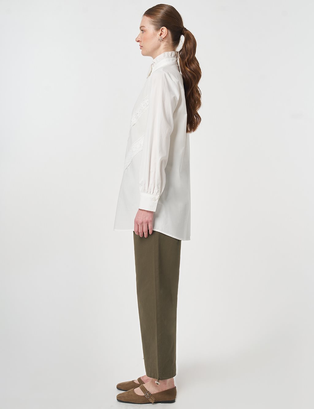 Ruffle Neck Cotton Blouse, Optic White