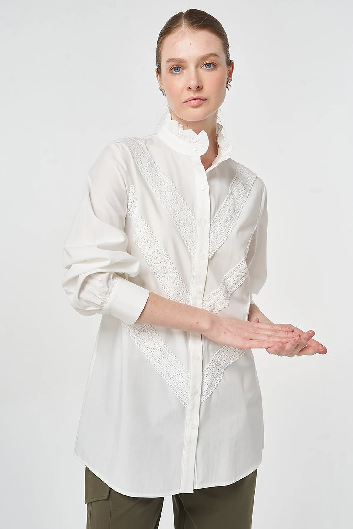 Ruffle Neck Cotton Blouse, Optic White