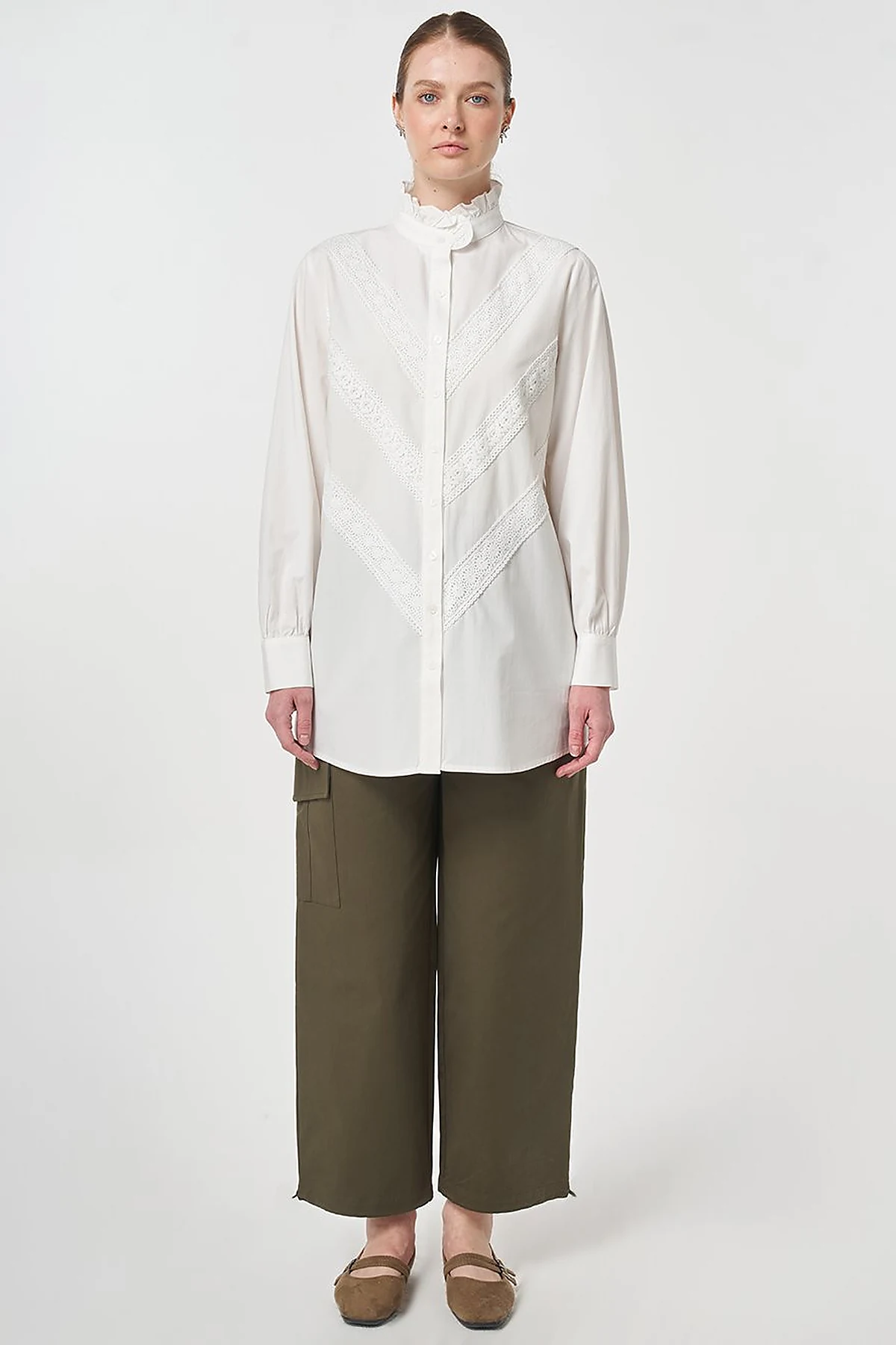 Ruffle Neck Cotton Blouse, Optic White