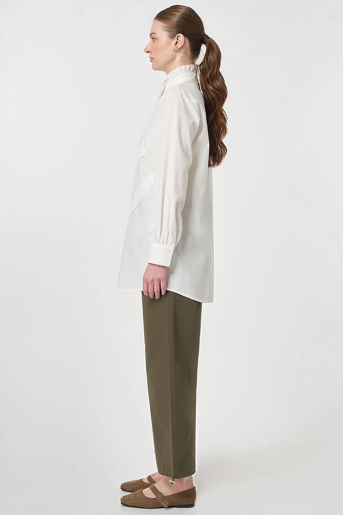 Ruffle Neck Cotton Blouse, Optic White
