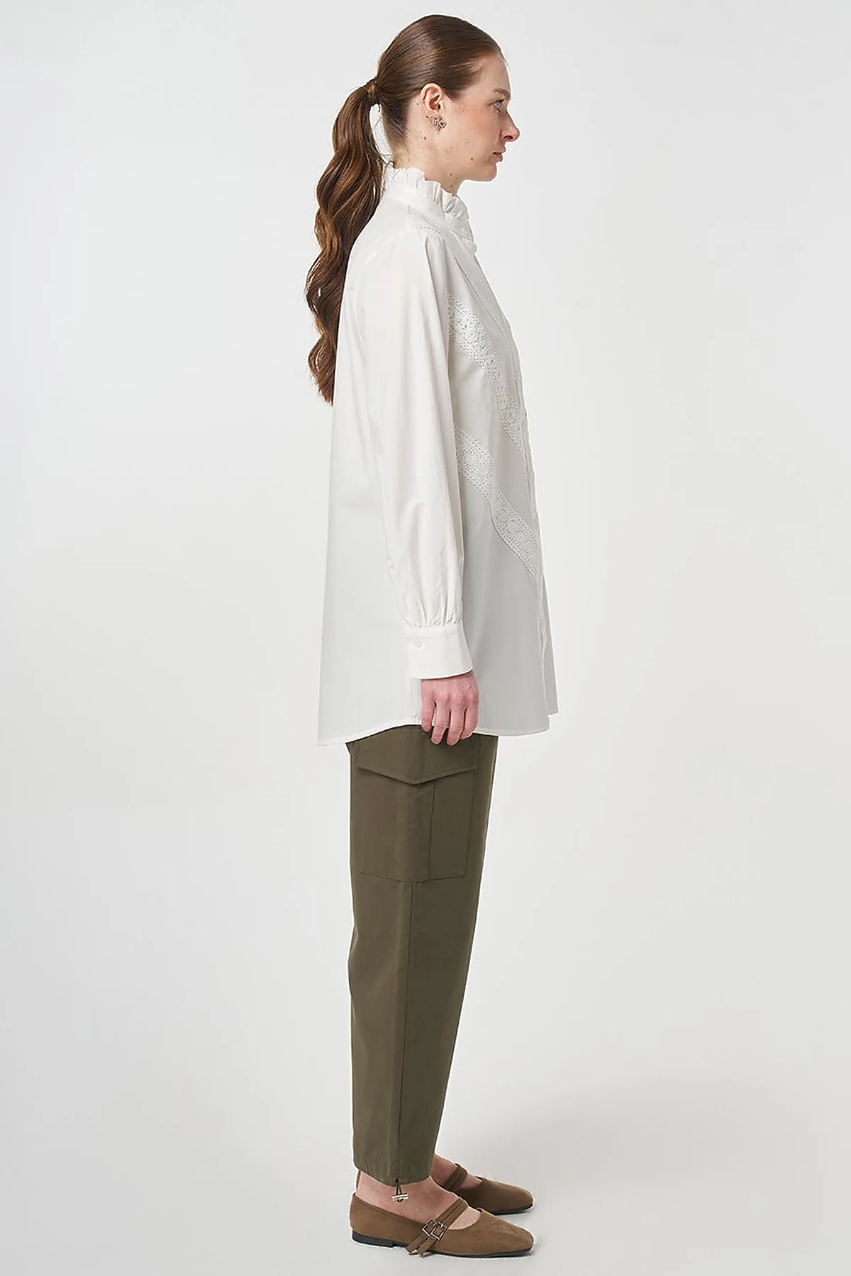 Ruffle Neck Cotton Blouse, Optic White