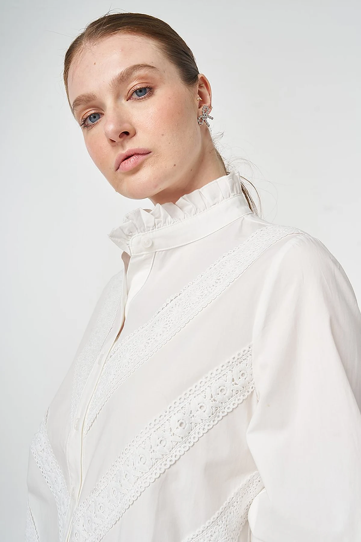 Ruffle Neck Cotton Blouse, Optic White