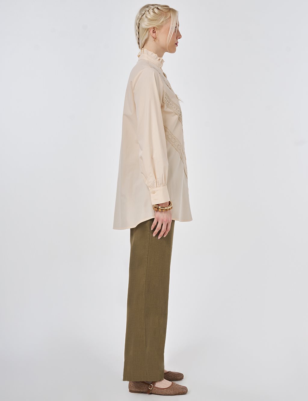 Ruffle Neck Cotton Blouse, Beige
