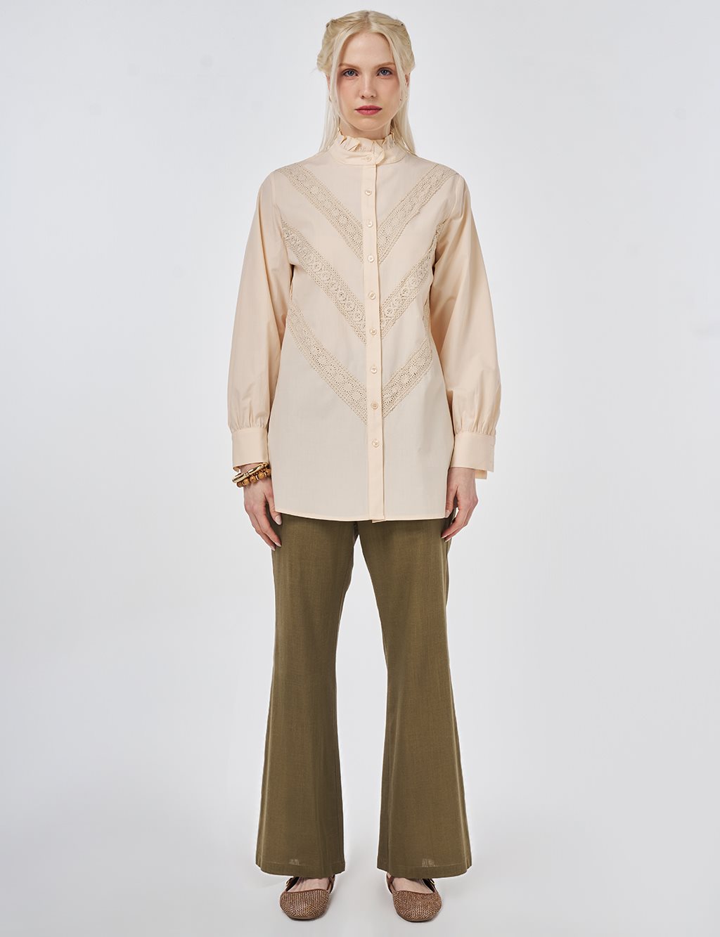 Ruffle Neck Cotton Blouse, Beige