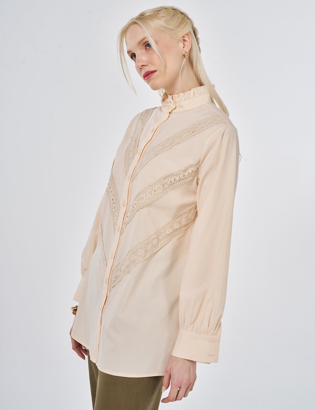 Ruffle Neck Cotton Blouse, Beige