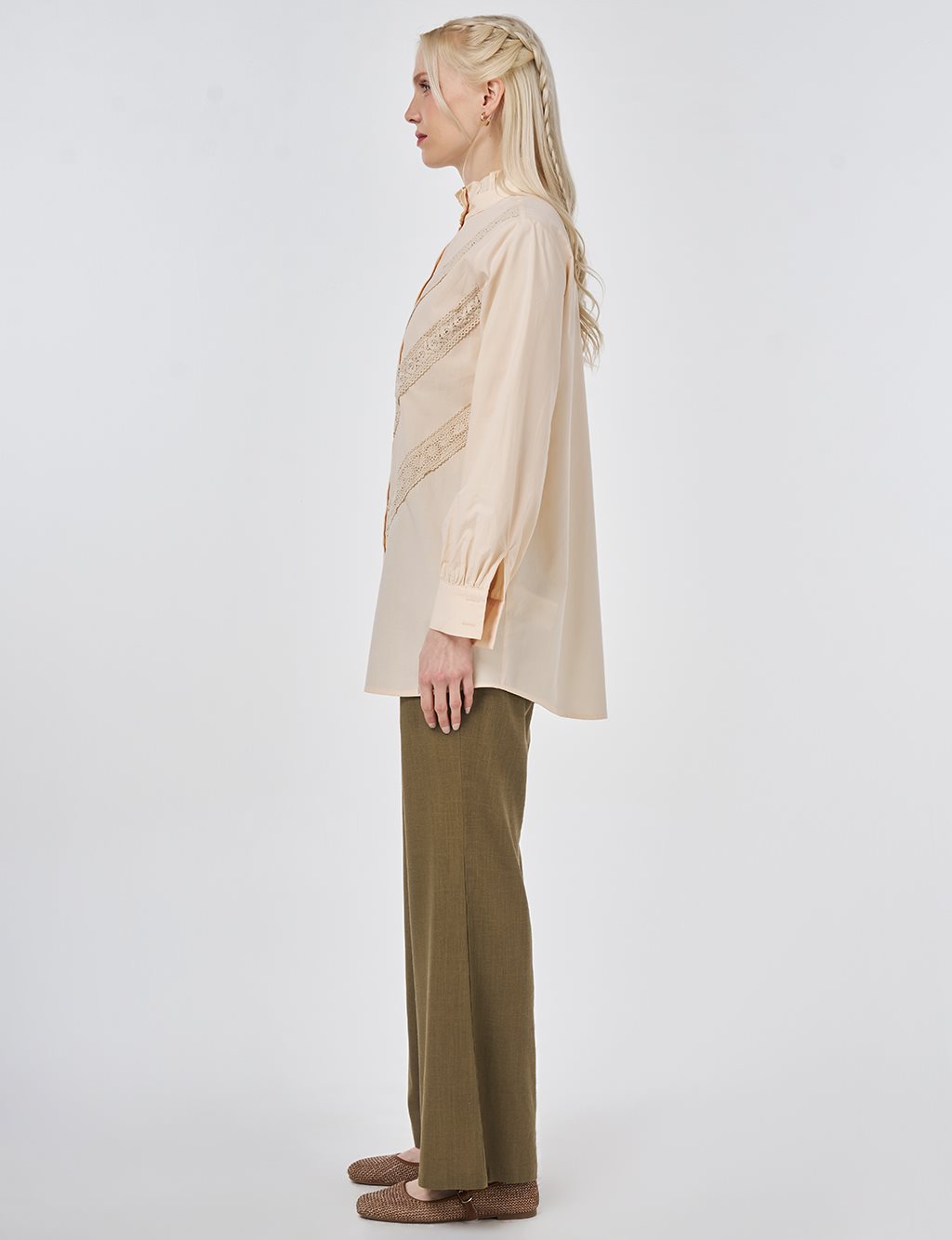 Ruffle Neck Cotton Blouse, Beige