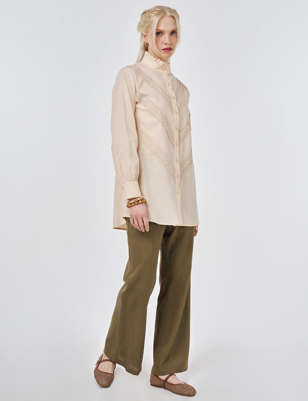 Ruffle Neck Cotton Blouse, Beige