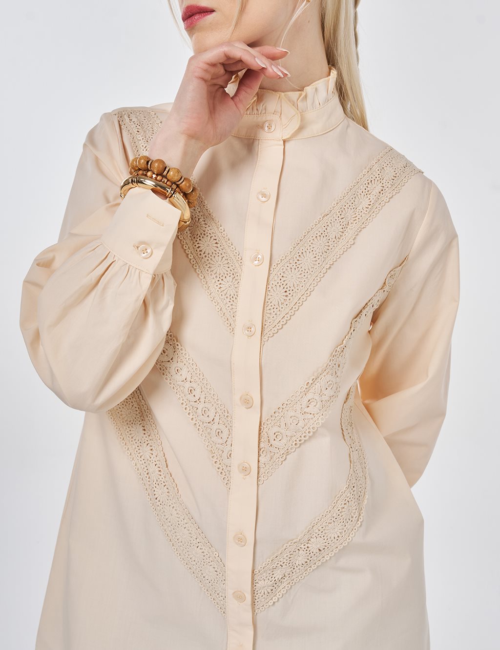 Ruffle Neck Cotton Blouse, Beige