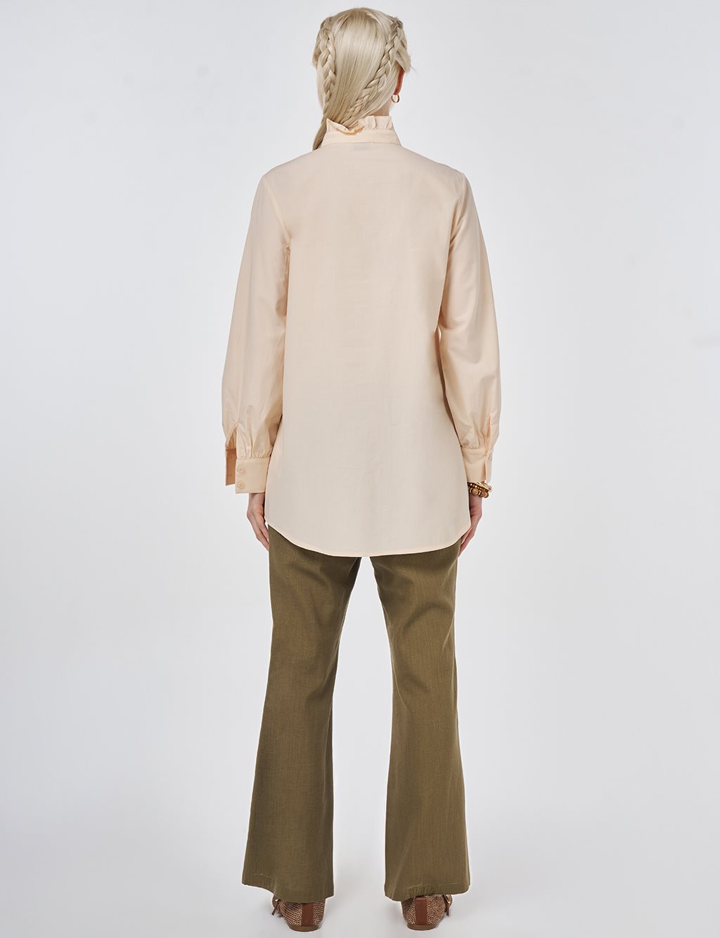 Ruffle Neck Cotton Blouse, Beige