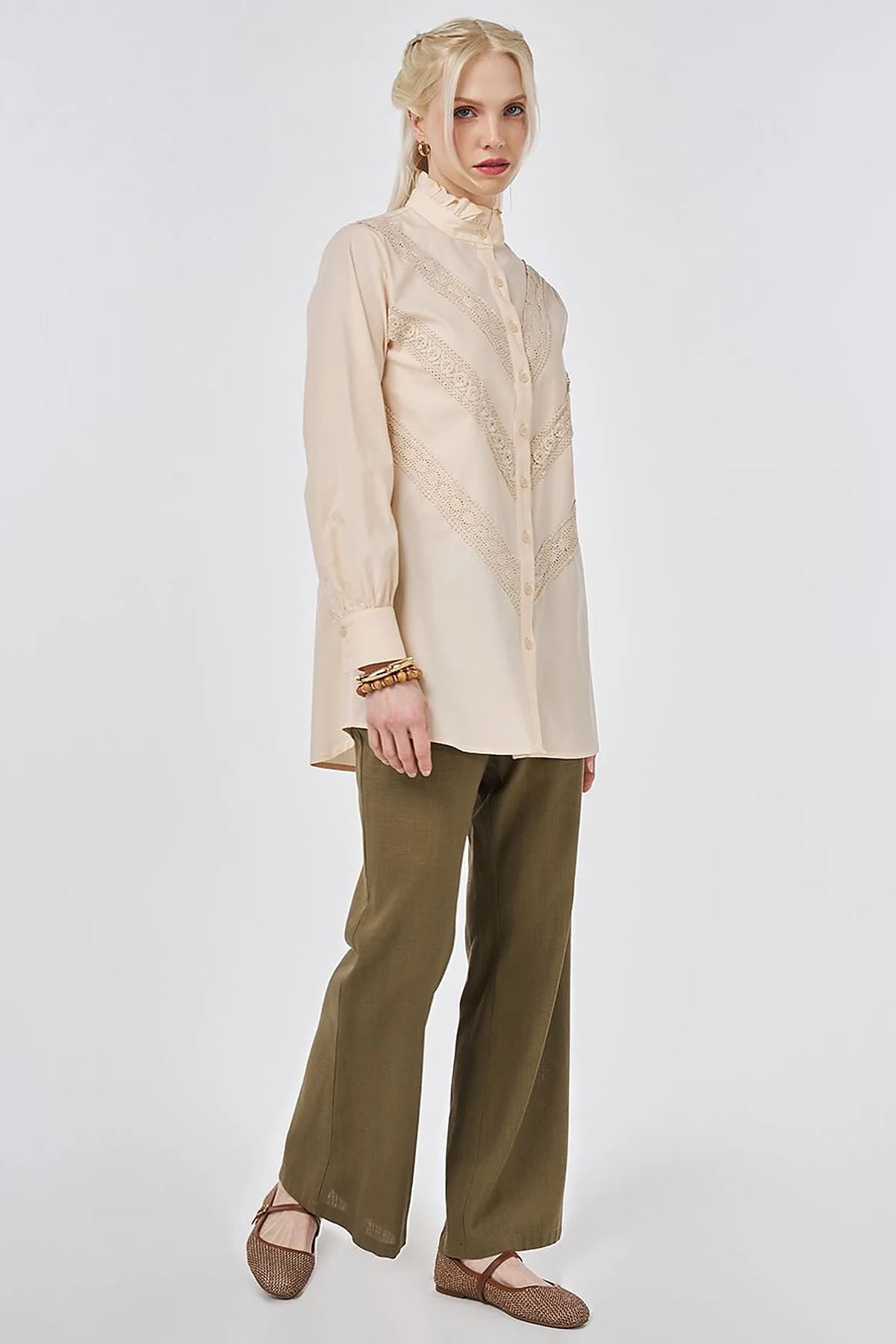 Ruffle Neck Cotton Blouse, Beige