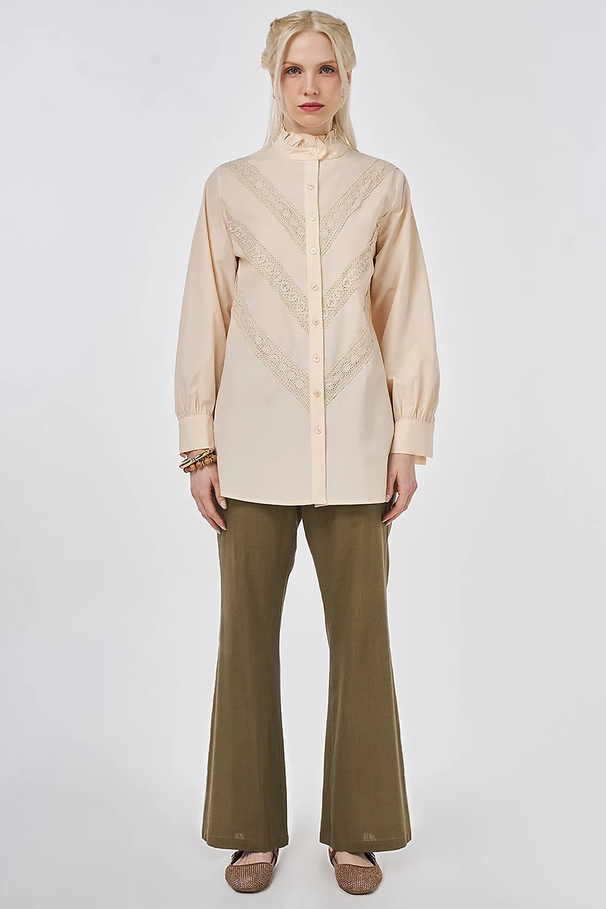 Ruffle Neck Cotton Blouse, Beige