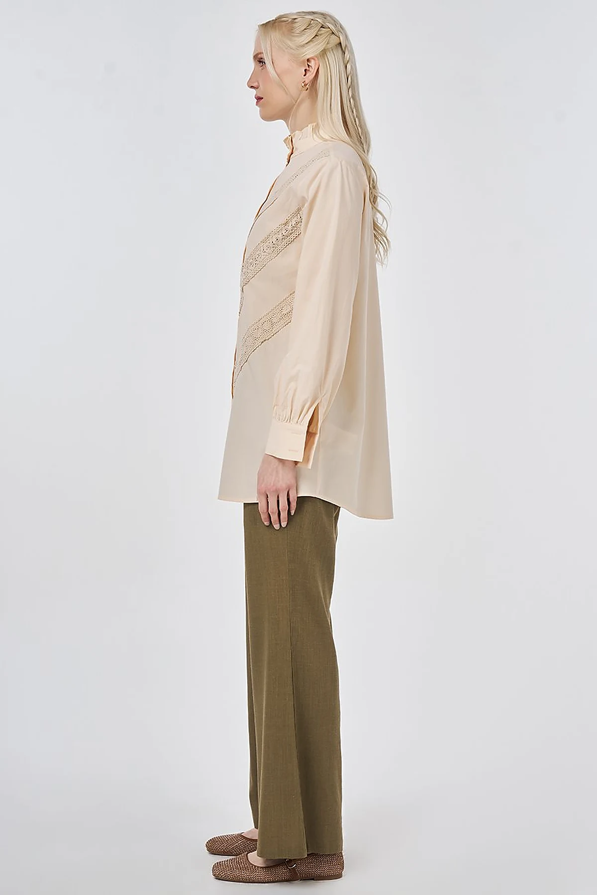 Ruffle Neck Cotton Blouse, Beige